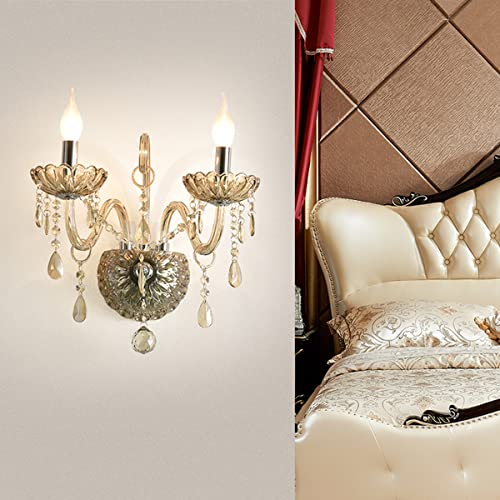 TRY-YEAN Applique Murale Moderne en Verre Cristal K5 Couleur Cognac Applique 2 Bras Cristal E14 40W pour Salon Chambre Entrée de Couloir, Hauteur 43cm Cover