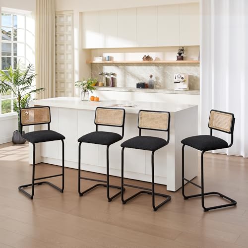 Image of Zesthouse Natural Rattan Counter Stools Set of 2, 30'' Mid Century Modern Counter Height Barstools with Solid Wood Back & Cane Mesh, Upholstered Black Boucle Bar Stools for Kitchen Island, Chrome Base
