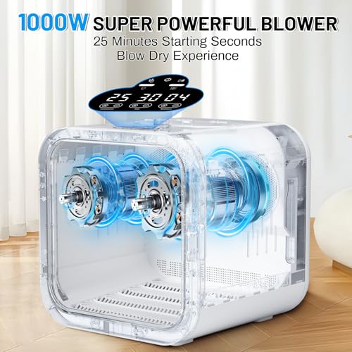 Image of Automatic Pet Hair Dryer Box, 70L Dual Motor Fans Blower for Cats and Small Dogs, 360 Drying, Temperature Control, Self-Dryer Boxes with 4 Adjustable Speed Settings & 5 Drying Modes, 5 Towels, White