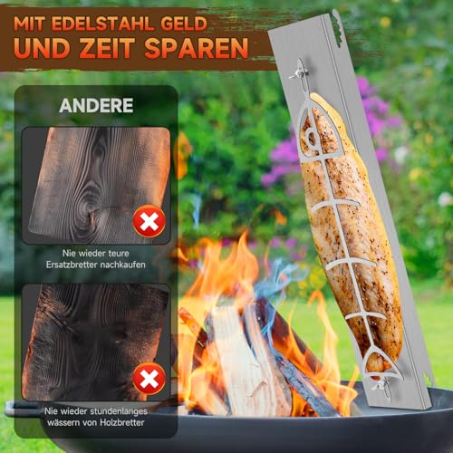 wowspeed Flammlachsbrett Edelstahl, Flammlachsbrett für Feuerschale und Kugelgrill, 52 x 11.5 cm, 180° drehbar & 5 rutschfeste Kippwinkel, Lachsbretter zum Grillen Feuerschale