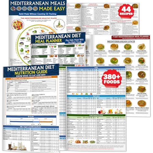 Nonlae 3 Mediterranean Diet Charts - Food List Easy Meal Plan & Recipes Beginner Guide with Serving Sizes Net Carbs Calories Mediterranean Diet for Weight Loss Diabetes - Friendly Heart Health