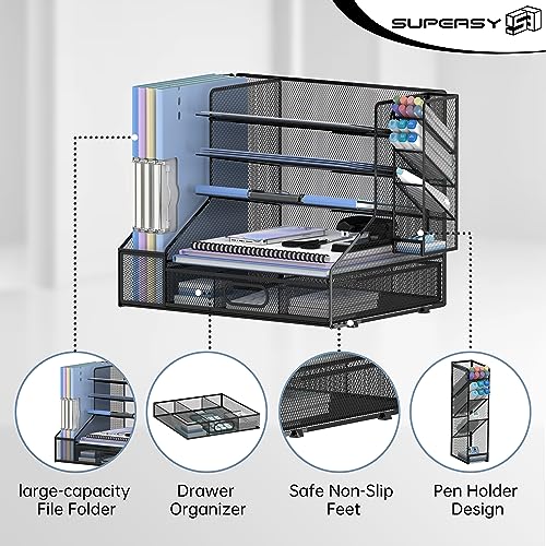 SUPEASY Desk Organizer with File Holder, 5-Tier Mesh Paper Letter Tray and 3 Tilted File Sorter for Office Supplies, Black image 1