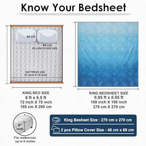 Image of Story@Home Luxe 400 TC Sateen Weave 100% Cotton Bedsheet King 270 cm x 270 cm Ombre Printed Soft Flat Sheet with 2 Pillow Covers 18 x 27 Inch Sea Blue-Gift Packaging