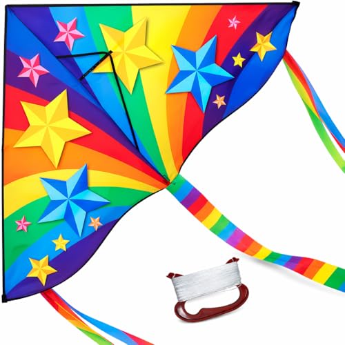 TOY Life 59.1'' Large Rainbow Delta Kites Easy to Fly for Kids Adults with 328.1 FT String, Beach Kite Outdoor Game Outside Toys Activity, Rainbow Gift for Kids Ages 4-8
