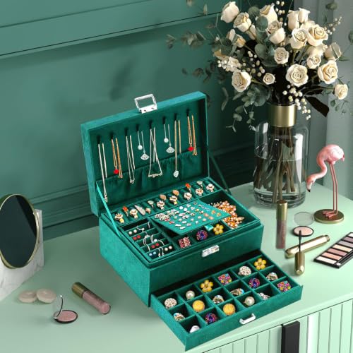 QBestry Jewelry Box for Women with Lock & Key & Drawer, 3-Layer Large Jewelry Organizer with 8 Necklace Hooks & 56 Earring Holes, Green Velvet Jewelry Storage Case for Necklace Earring Ring Bracelet by QBestry - Used condition - Image 4