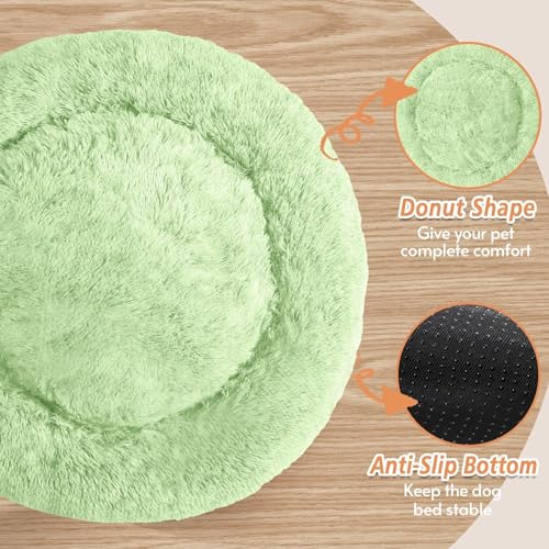 Image of JOLLYVOGUE Calming Dog Bed Medium Size Dog, 31in Donut Washable Medium Pet Bed, Anti-Slip & Anti-Anxiety Fluffy Faux Fur Round Dogs Bed, Fits up to 45 lbs Pets (Light Green)
