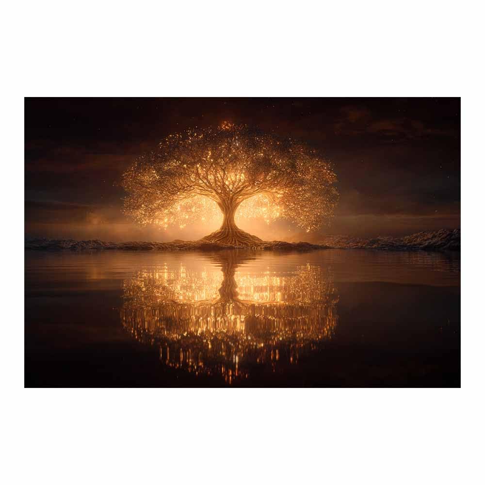 ZAMAEIU Tree of Life Painting Abstract Luminous trees reflect Panoramic Canvas Prints Pictures for Living Room Bedroom Home Office Wall Decoration(golden)-80x120cm Unframed
