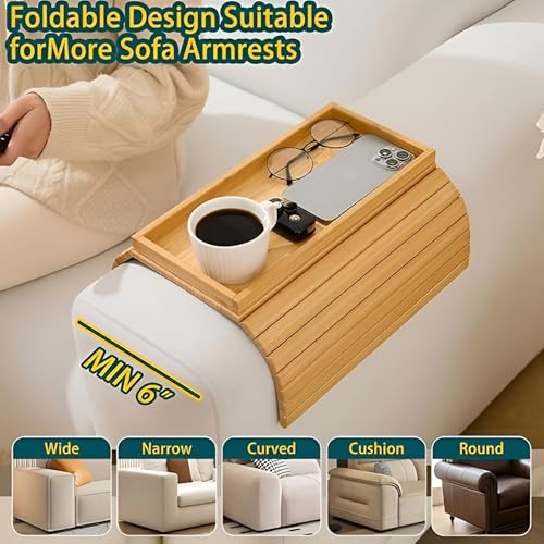 Image of MISHAVI Sofa Armrest Tray - Flexible Wooden Sofa Arm Tray & Integrated Cup Holder - Large Couch Side Arm Wooden Cover for Snacks & Drinks - Fits Round & Square Armrests - Premium Sofa Accessories