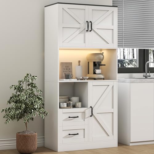 Image of Kitchen Pantry Storage Cabinet with LED Lights and Power Strip, Tall Farmhouse Kitchen Pantry with Barn Doors and Drawers, Adjustable Shelves for Dining Living Room (White)