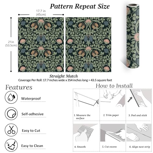 Papier peint floral foncé VEELIKE vintage noir pour chambre à coucher et salle de bain - 7