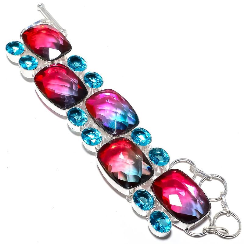 Bracelet tourmaline bicolore et topaze bleu ajustable pour éviter les allergies de peau