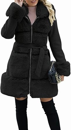 Giolshon Womens Long Trench Coat with Belt Thickened Fleece Parka Faux Leather and Faux-Wool Blend