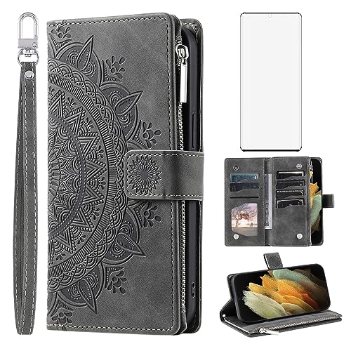 Funda para Samsung Galaxy S21 Ultra 5G Asuwish tipo cartera con diseño de mandala y tarjetero