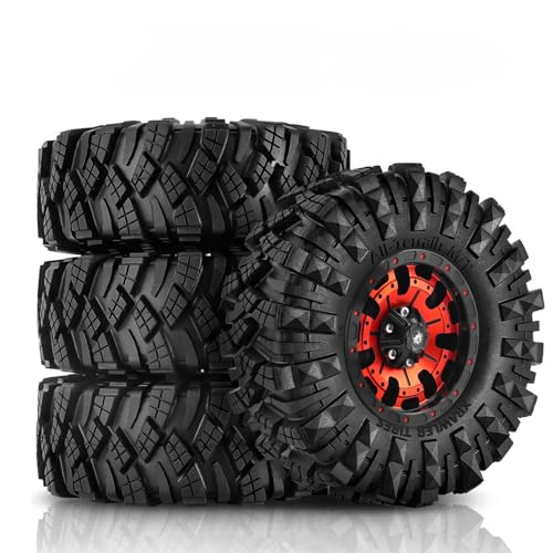1.9 Beadlock Wheels Tires Set?4Pcs?? Mud Specific tire? Metal Wheels?1.9 Tires Suitable for All terrains?for 1/10 RC Crawler Car Axial SCX10 Pro Capra UTB18 TRX4 (Red)