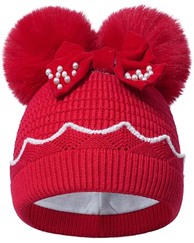 HOKEMP Winter Hat for Girls Kids, Girls Beanie Cap Pearl Bow Double Pom Pom Warm Fleece Lined, Toddler Knit Cap