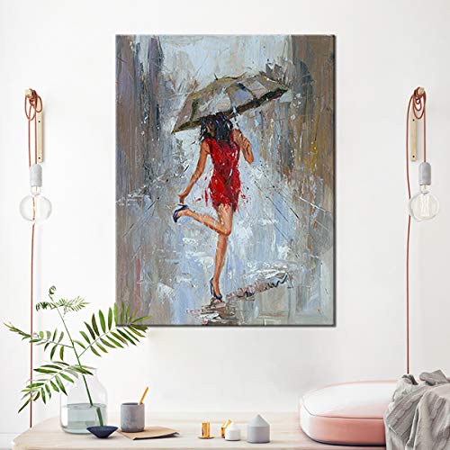Abstract Canvas Print Rain Modern Wall Art Painting Girl Umbrella With Red Dress Walking In Street Figure Artwork #TOP3