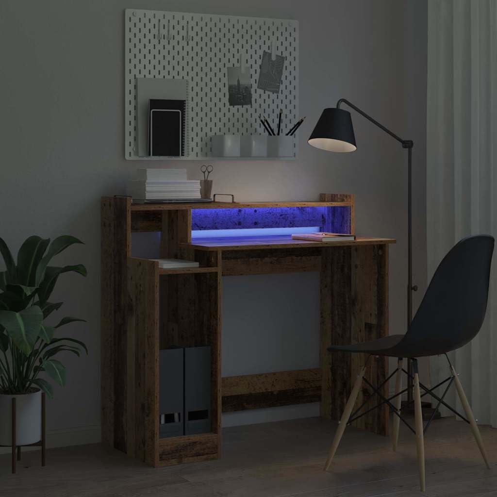 Scrivania con LED, effetto legno anticato, 97 x 45 x 90 cm, per home office, postazione di lavoro con alimentazione USB e 3 ripiani, per laptop e ordine