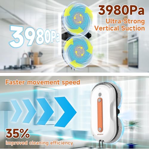 AlfaBot X7Pro Window Cleaner Robot with Dual Spray, 60ML Water Tank, 3980PA Suction, Auto Path Mapping Window Cleaner for High-Rise Windows (Indoor/Outdoor) - Streak-Free Tech & Safety Cord - Image 6
