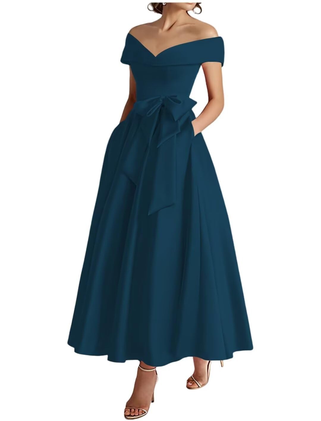 Kurface Women's Peacock Off Shoulder Prom Dresses For With Pocket Bow Satin Formal Evening Dress Corset Long Ball Gown Uk18