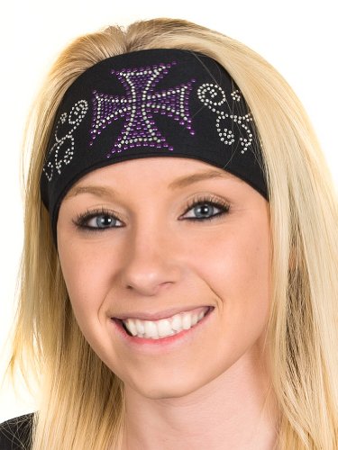 Open Road Girl Hair Bandana: Wide Headbands for Women: Biker Chick Head Wrap: Biker Cross (Purple)