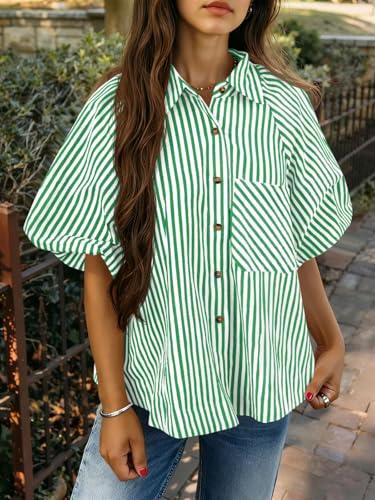 Image of Tankaneo Womens Short Puff Sleeve Button Down Shirts Striped Trendy Casual Loose Fit Blouse V Neck Collared Tops