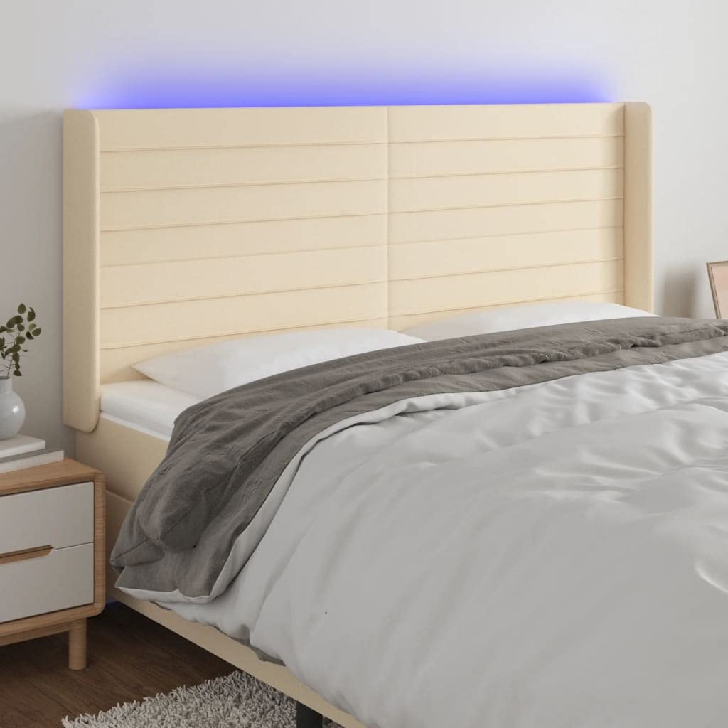 Cabecero de cama LED crema (203 x 16 x 118/128 cm, altura ajustable, tejido acolchado, diseño moderno, respaldo cómodo, para dormitorio, dormitorio adolescente, habitación de invitados