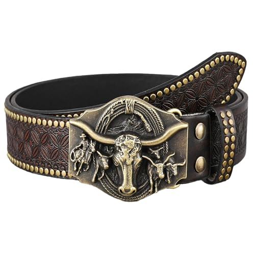 Western Cowboy Belt for Men Rivet Wide Waist Leather with Bullhead Buckle for Jeans