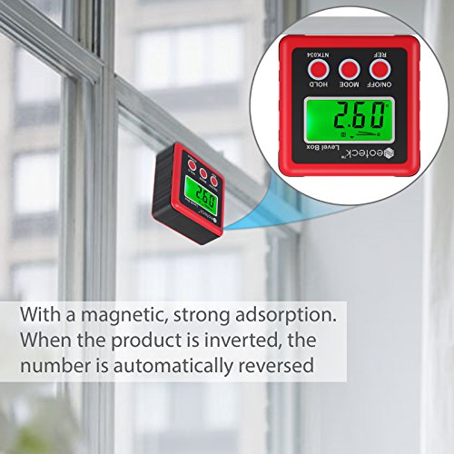 Image of Neoteck Digital Angle Finder, Backlight LCD Digital Angle Gauge Protractor Inclinometer Bevel Box, Magnetic Base, Data Hold, IP54 Dust and Water Resistant- Red