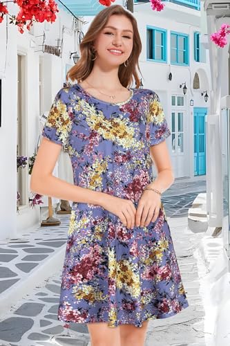 Image of Womens Summer Dresses Beach Casual Loose Tshirt Floral Short Sleeve Flowy Pockets Sundresses 2026