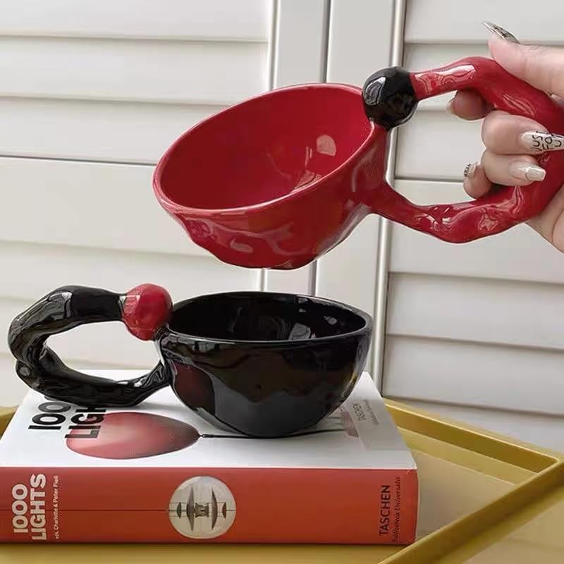 gugululu Creative Ceramic Coffee Mug, Handmade Large Handle 10oz/300 ml Ceramic Coffee Cup Dishwasher and Microwave Safe Mug Suitable for Office and Home (Red)