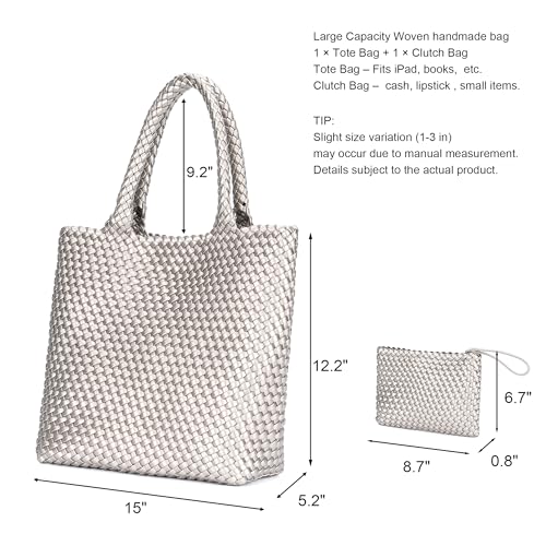 Image of BAGOK Woven Tote Bag for Women, Handwoven Vegan Leather Shoulder Bag with Clutch, Large Tote for Work, Travel & Beach