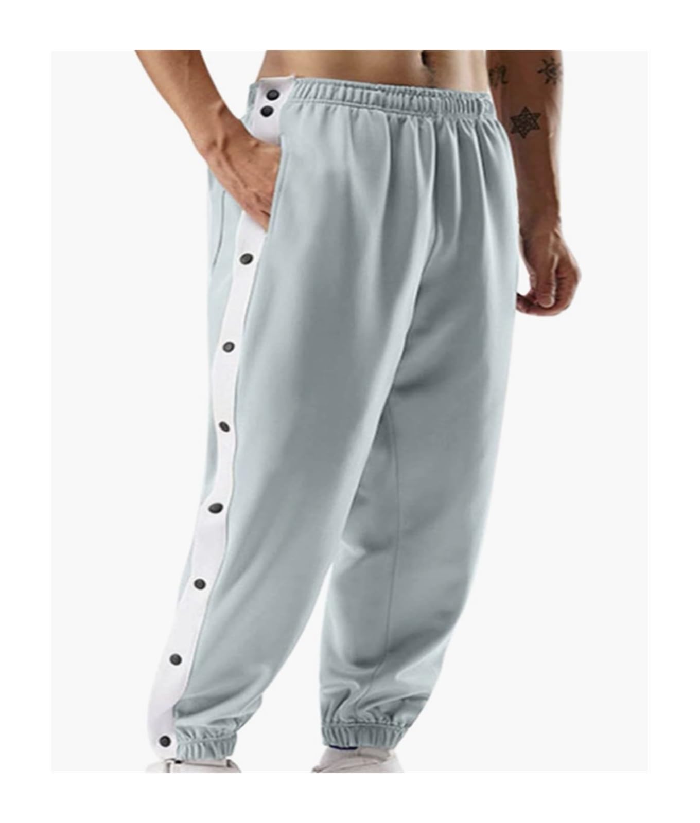 SHENGFU Pantaloni sportivi da uomo a strappo, casual, pantaloni da allenamento con spacco laterale alto con bottoni a pressione a righe