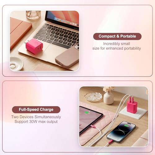 Image of Aolcev for iPhone Charger Fast Charging 2 in 1 USB A USB C Charger Block 30W Cute Type C Fast Charging Blocks for iPhone 17 16 15 14 13 for iPad USB C Charging Adapter for Galaxy S26 S25 S24 Rose Pink