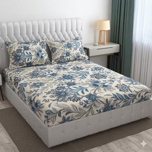 Image of Cotton Bolls Textiles Glace Cotton Flat Bedsheet 90x90 Inch with 2 Pillow Covers - Soft Breathable Glace Cotton, Printed Bedding Set for Double Bed