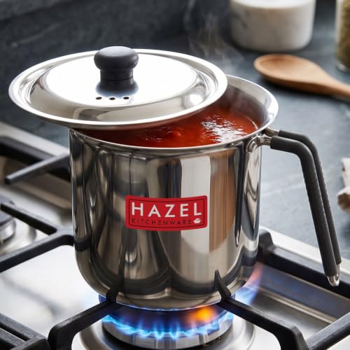 Image of HAZEL Steel Milk Pot with Lid |Stainless Steel Milk Boiler Container | Milk Boiling Vessel Gunj for Kitchen (Tope with Lid & Handle, 1700 ML)
