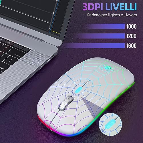 Mouse Wireless Ricaricabile con Convertitore USB e Tipo-C,RGB a 7 Colori,Portatile e Precisione Regolabile (800/1200/1600),Argenteo - Mouse gaming - Immagine 3