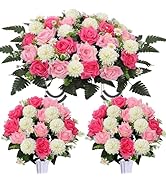 Lodou 3 Piece Cemetery Flowers Set – Large Headstone Floral Saddle Artificial Rose Bouquets with ...