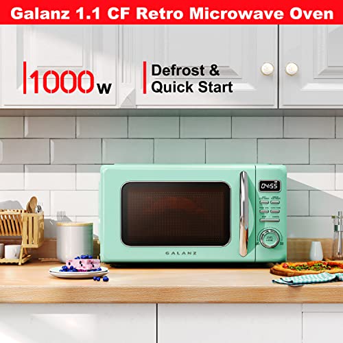 Image of Galanz GLCMKZ11GNR10 Retro Countertop Microwave Oven with Auto Cook & Reheat, Defrost, Quick Start Functions, Easy Clean with Glass Turntable, Pull Handle, 1.1 cu ft, Green