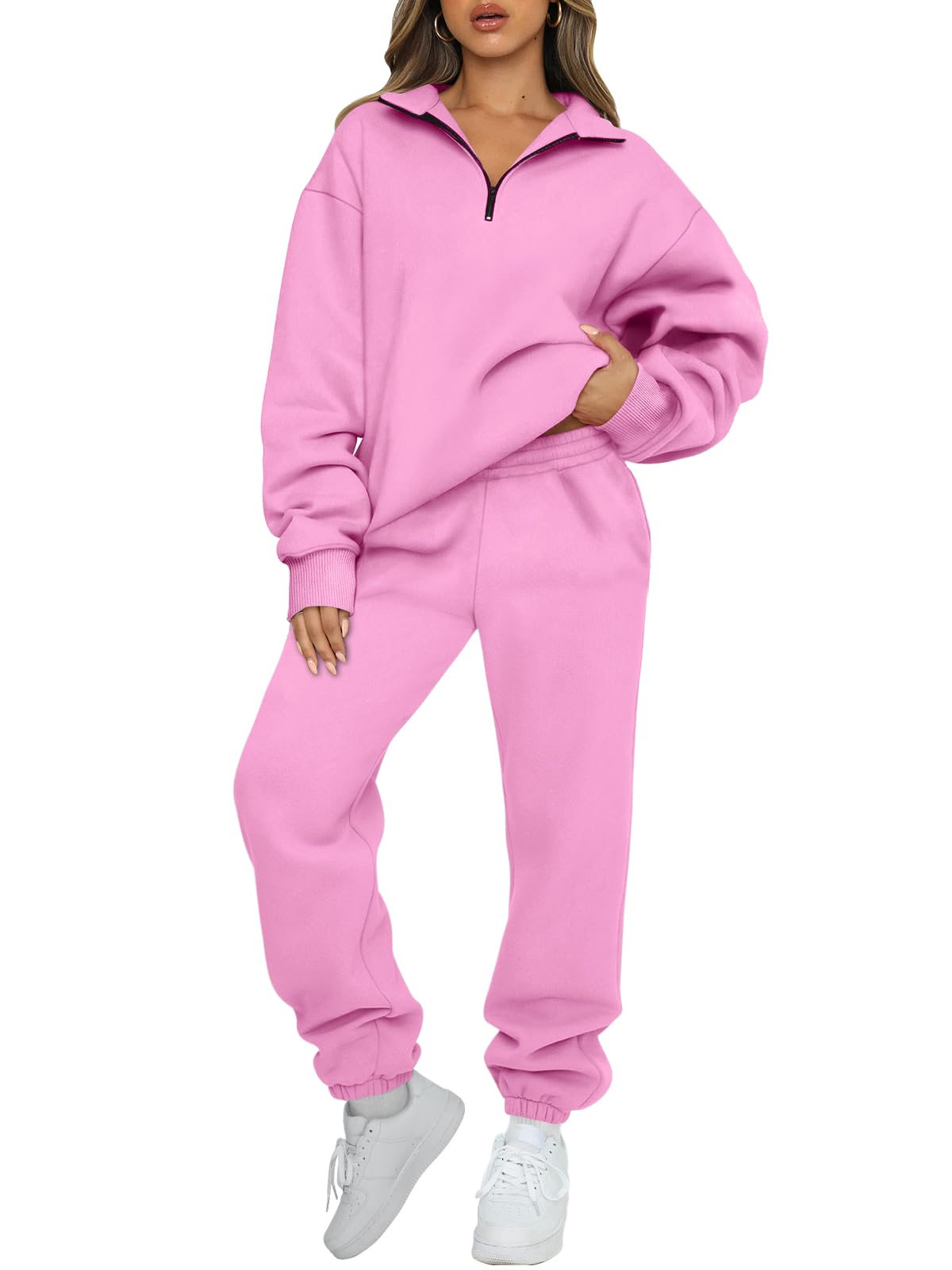 AUTOMET Women's Sweatsuits 2 Piece Outfits Lounge Sets Long Sleeve Half Zip Pullover and Baggy Sweatpants with Pockets