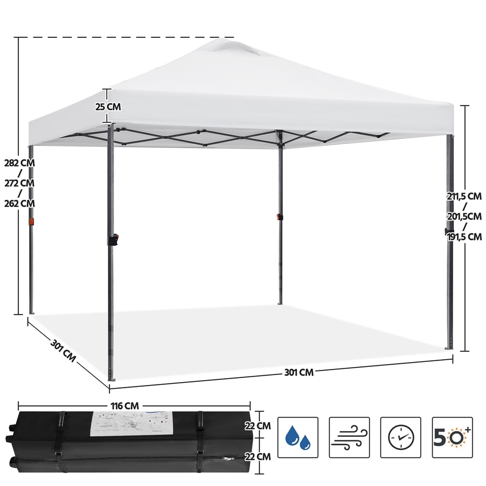 Yaheetech Tonnelle Pliante 3×3m Hauteur Réglable UPF 50+ Imperméable Blanc | Résiste au Vent, avec Sac de Transport Sac de Sable Cordes et Piquets, pour Mariage Camping Jardin Fêtes Foire