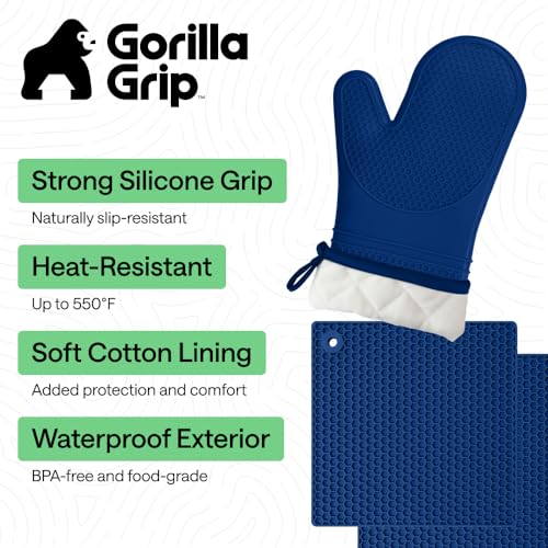 Image of GORILLA GRIP BPA-Free Soft Silicone Oven Mitts and Pot Holders Sets of 4, Heat Resistant Waterproof Cooking Gloves, Thick Cotton Lining, Flexible Gripping for Baking Grilling, Kitchen Trivets, Blue