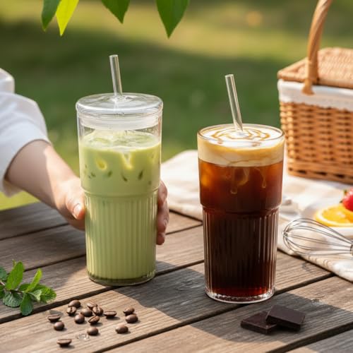 Image of ginoya brothers 600ml Glass Mason Tumbler with Lid and Straw - Leakproof Reusable Drinking Cup for Juice, Smoothies, Iced Coffee, Tea, Cold Beverages. (Pack of 2)