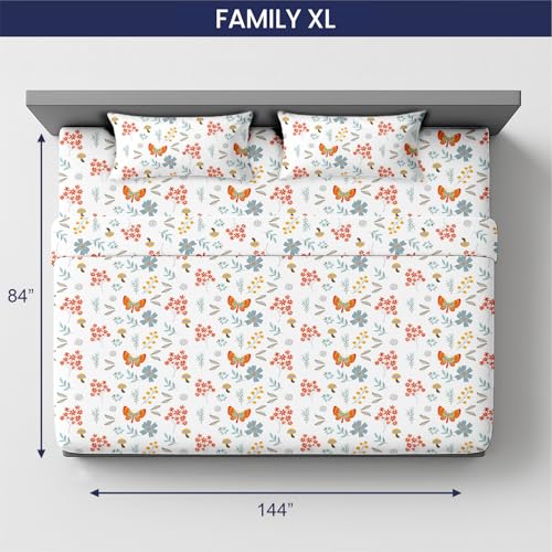 Image of SGI bedding 144 inch W x 84 inch L 4Pc Family XL Sheet Set 100% Egyptian Cotton - 600 Thread Count, Fits 18 inch Deep Pocket - Soft Breathable Oversized Sheets, for Extra Large Beds - Butterfly Garden