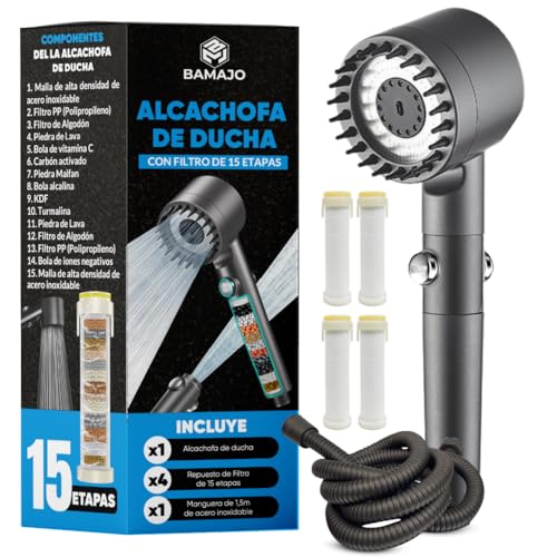 BAMAJO© Alcachofa de Ducha con Filtro de 15 Etapas – Filtro Ducha Antical con Manguera 1.5M - Cabezal de Ducha Alta Presión con 3+1 Modos que ahorra agua – 4 Filtros de Ducha Antical - Shower head