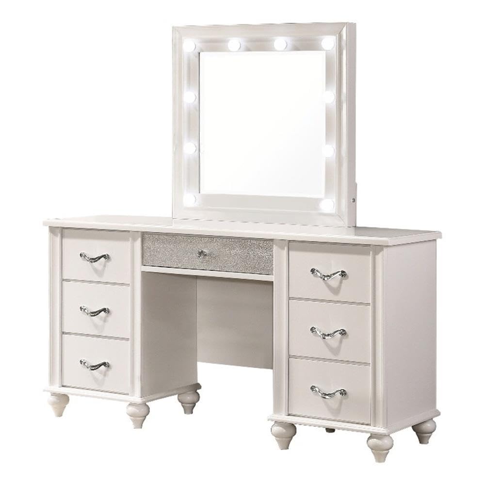 UrbanPro 7-Drawer Wood Vanity Desk with Lighted Mirror in White