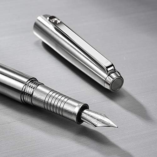 HongDian – Penna stilografica in acciaio INOX con punta fine con convertitore e scatola di metallo