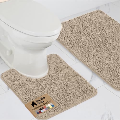 Gorilla Grip Bathroom Rug Set, 2 pcs, Chenille, Gray Beige