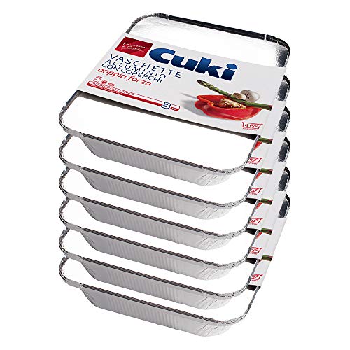 Cuki Vaschette Alluminio con Coperchi - Doppia Forza - 4 Porzioni - Rettangolari [R75L] - 6 Confezioni da 3 Pezzi