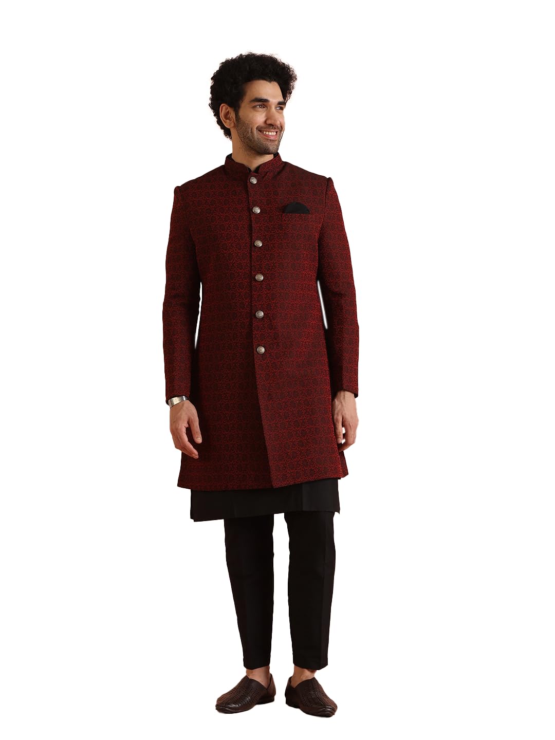 Silk Blend Kurta Sherwani Trouser Set for Men | Indo-Western Ethnic Wear for Weddings and Functions | 3 Pc Set-KA-0915-7081-T303