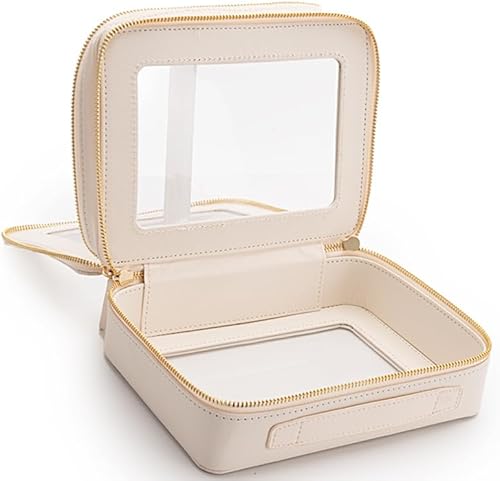 Miniatura 8 de Bolsa de maquillaje transparente con cremallera y asa, bolsa de viaje transparente portátil para mujeres y hombres, Blanco sucio, Moda